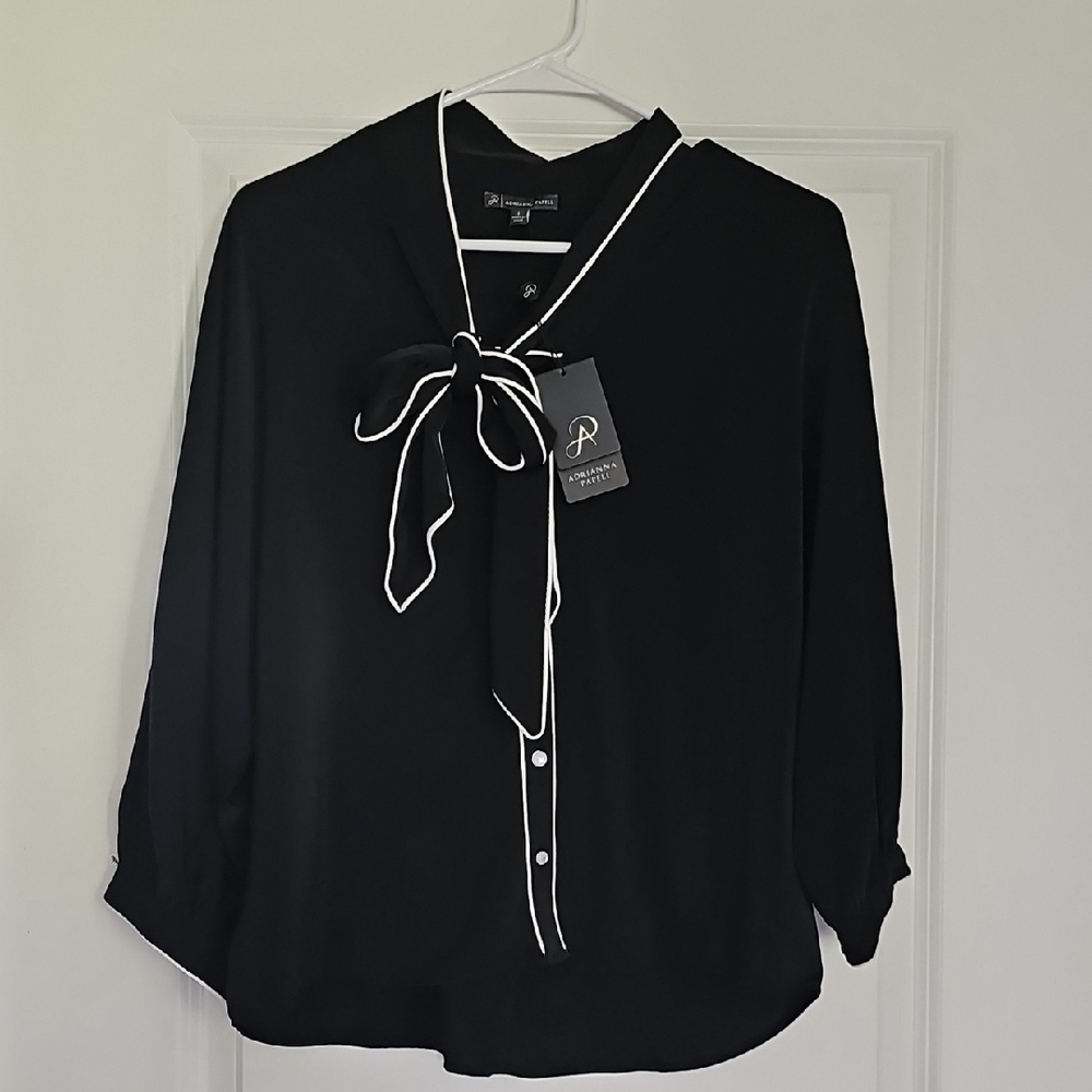 Adrianna Papell Black and White Tie Front Sailor Collar Blouse